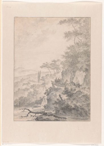 Travelers with cattle on a bridge in the mountains