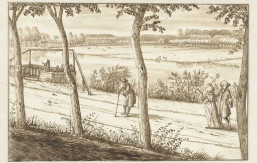 View along the River Vecht, near Maarssen, with a Docking Station, Three Figures in the Foreground and the Country Estate of Vechthoven in the Distance