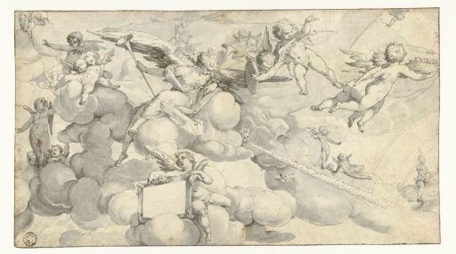 Putti and angel with cartouche