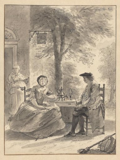 Man and reading woman in front of an inn