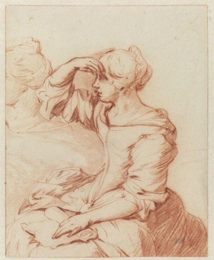 Sitting woman with her hand held above her eyes