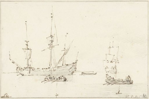 Two rowboats heading towards a merchant ship