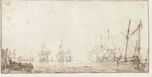 Calm Sea with Ships and a Rowing Boat to the Left