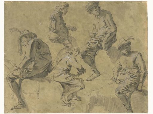 Study sheet with four men on horseback and one on a stone