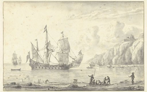 Three-master at anchor off a rocky coast