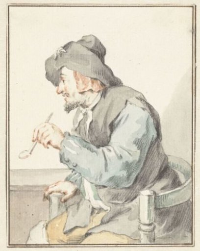 Man smoking a pipe in an armchair, facing left