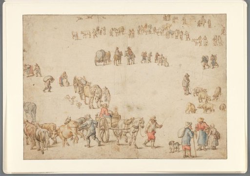 Study sheet with farm wagons, cattle, peasants and riders