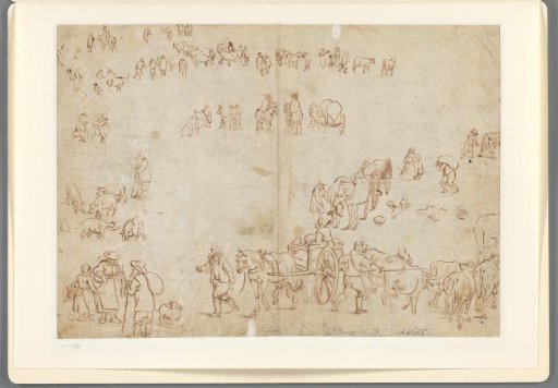 Studieblad met boerenwagens, vee, landlieden en ruiters