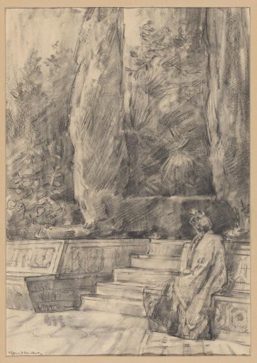 Seated woman at the entrance to the gardens of the Royal Palace in Seville