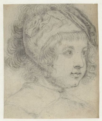 Child's head with curly hair and cap on, to the right