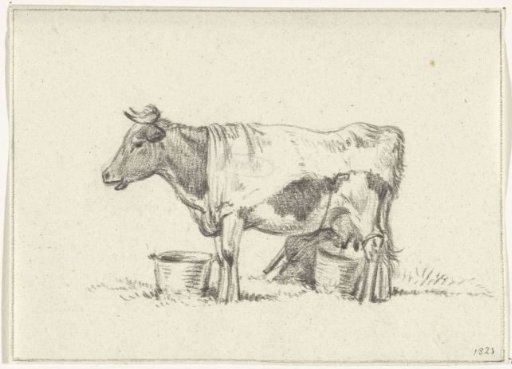 Standing cow, with milking pail and milking stool