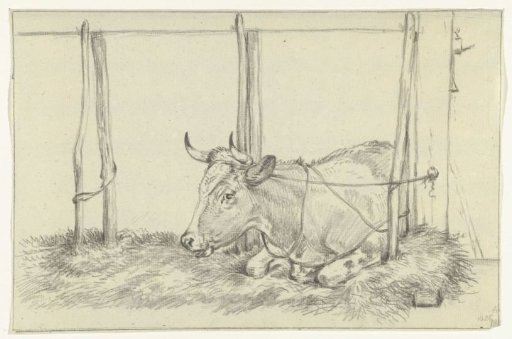 Recumbent Cow in a Stable, Facing Left