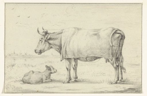 Standing cow, to the left, with a lying calf