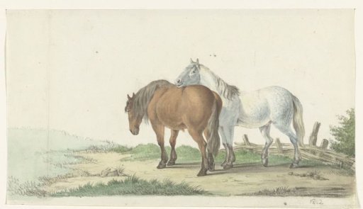 A brown and white horse on a road next to a fence