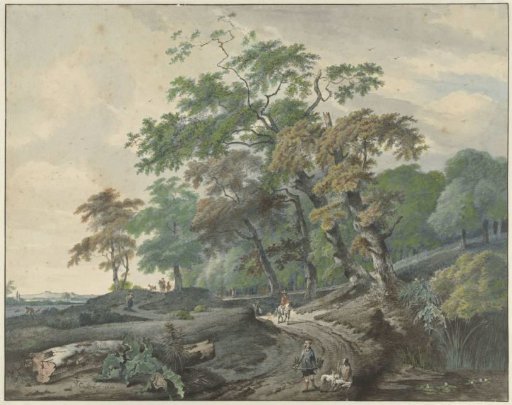 Landscape with a path through a wood and a falconer
