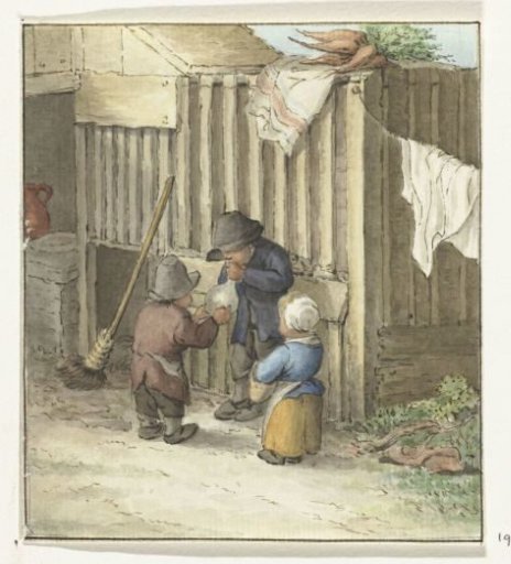 Three children playing with a pig's bladder