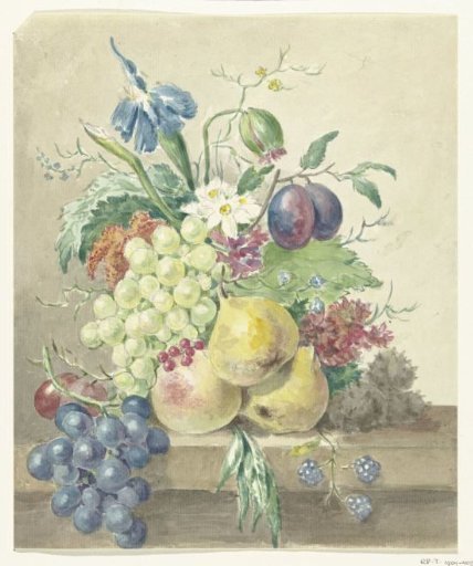 Still life of flowers and fruit