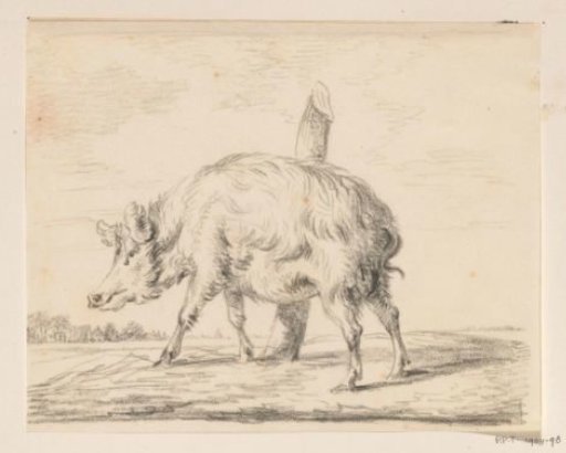 Standing pig, facing left, before a post