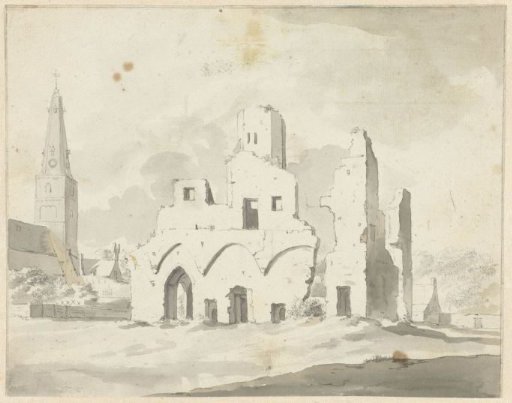The ruins of the abbey of Rijnsburg with the church