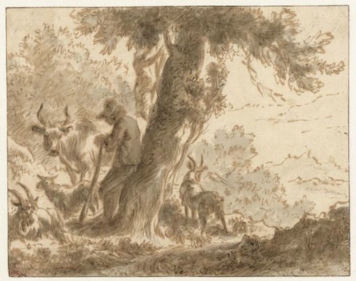 Shepherd and His Cattle Near a Tree