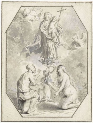 Adam and Eve kneeling before Mary with child