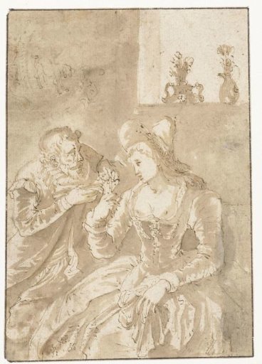 Older man with a seated elegant young woman
