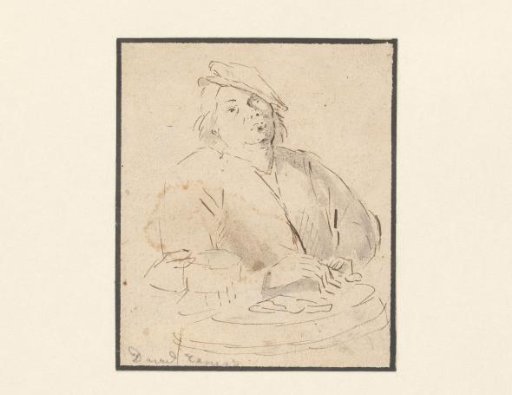 Man filling a pipe, by a barrel