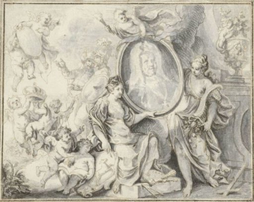 Portrait of a man in a medallion surrounded by allegorical figures