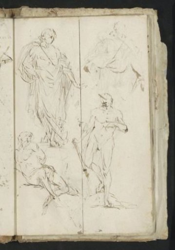 Seated man, standing man in a toga, and a naked man with a staff