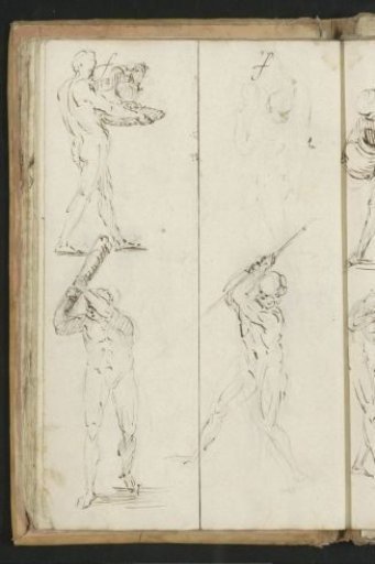 Men with a club, a vase, and a stabbing weapon