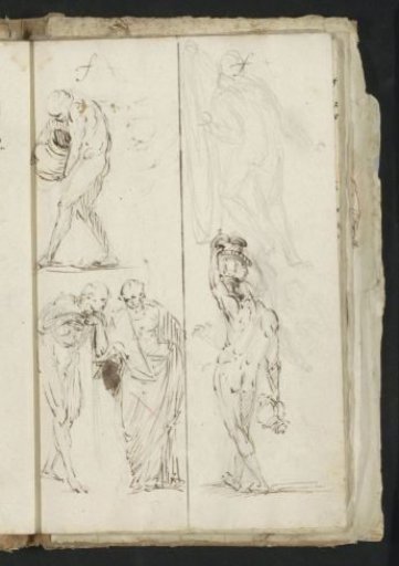 Men carrying jugs and two men in conversation