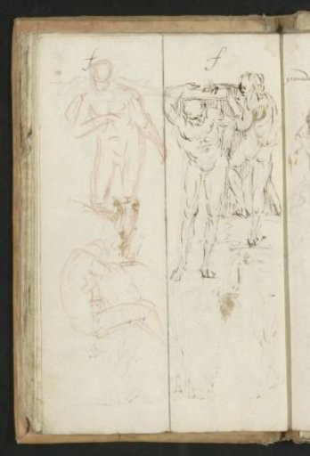 Seated and standing man, and two men carrying a load