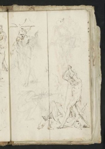 Figure studies, including fighting men with spears
