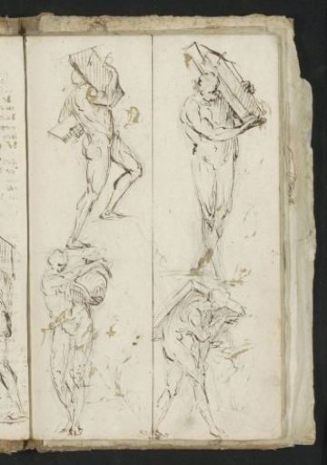 Four naked men carrying objects