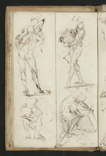 Four naked men carrying objects