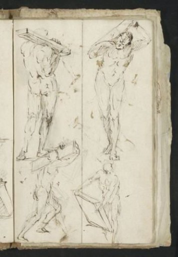 Four naked men carrying objects