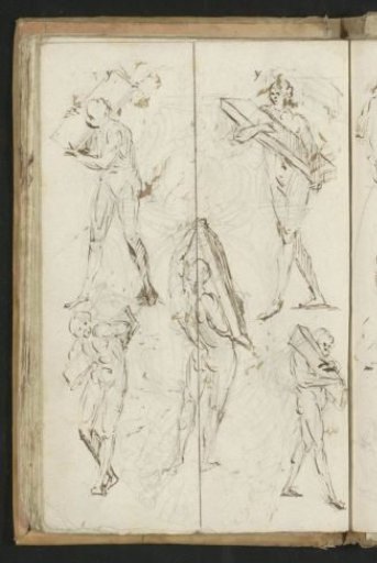 Five naked men carrying beams or tablets