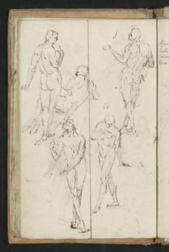 Nude men in various standing and sitting poses