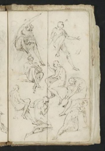 Nude men in various kneeling and sitting poses