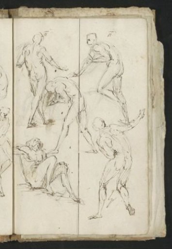 Nude men in various sitting and bending poses