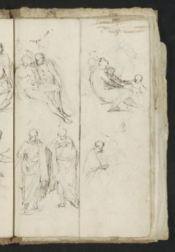 Lovers, men in togas, and a seated nude woman with two putti