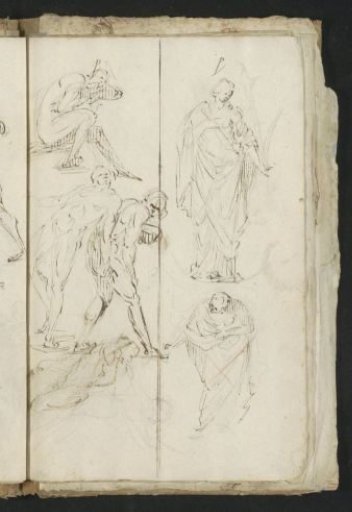 Figures in togas and men in various sitting and bending poses