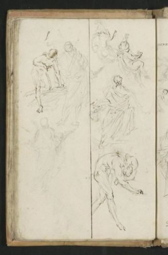 Putti, a woman in a toga, and men in various bending and standing poses