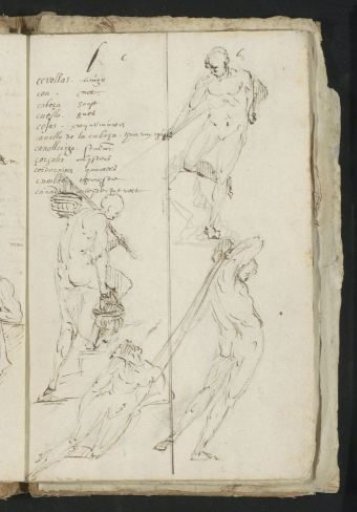 Men carrying burdens and a man with a sword