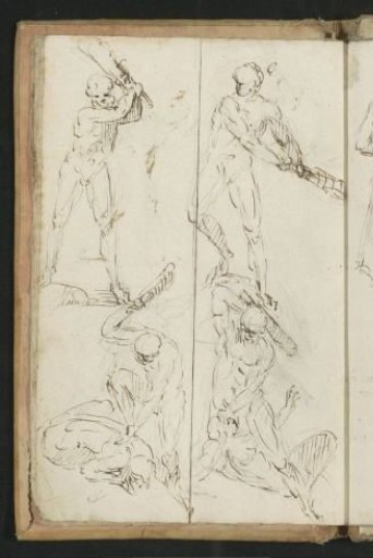 Naked men striking with clubs