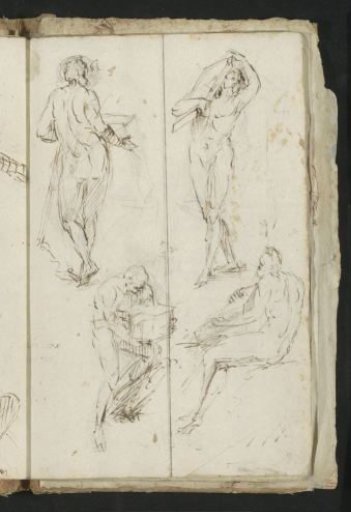 Standing and seated naked men carrying tablets