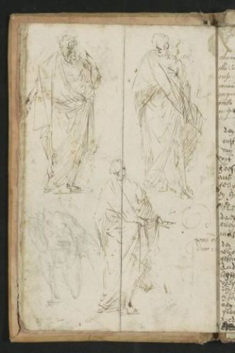 Standing men in togas and a kneeling man