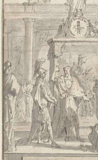 Figures standing before a statue