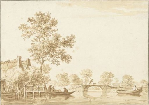 River landscape with a sluice, a bridge and several boats