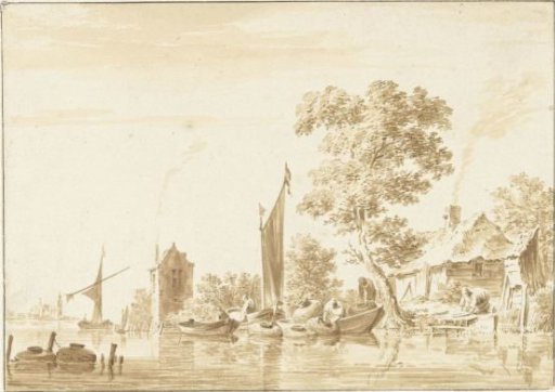 River landscape with fishermen, fish baskets and sailing ships
